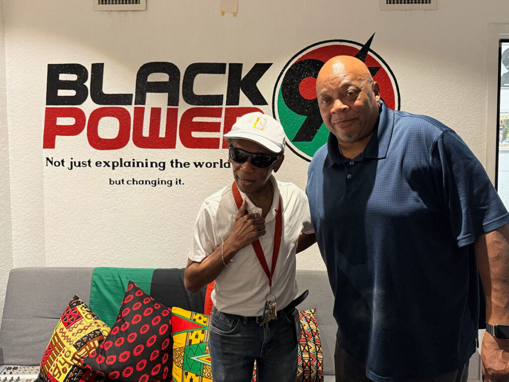 Dwayne (right) and his wife Janet (not pictured) traveled from Tampa twice to meet with DJ Eddie and donated a mixing board and another piece of equipment.